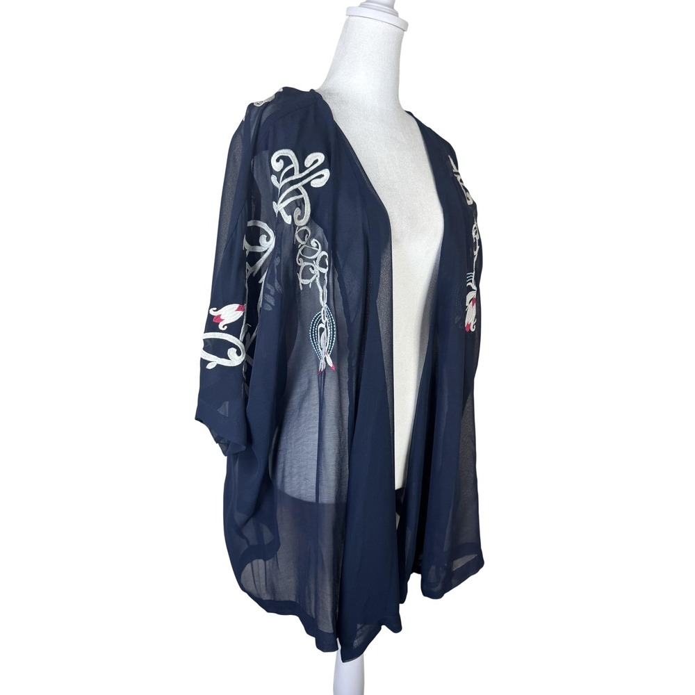 inLUV Cardigan Womens Large Navy Sheer Embroidered Open Front La Bella Vita Boho